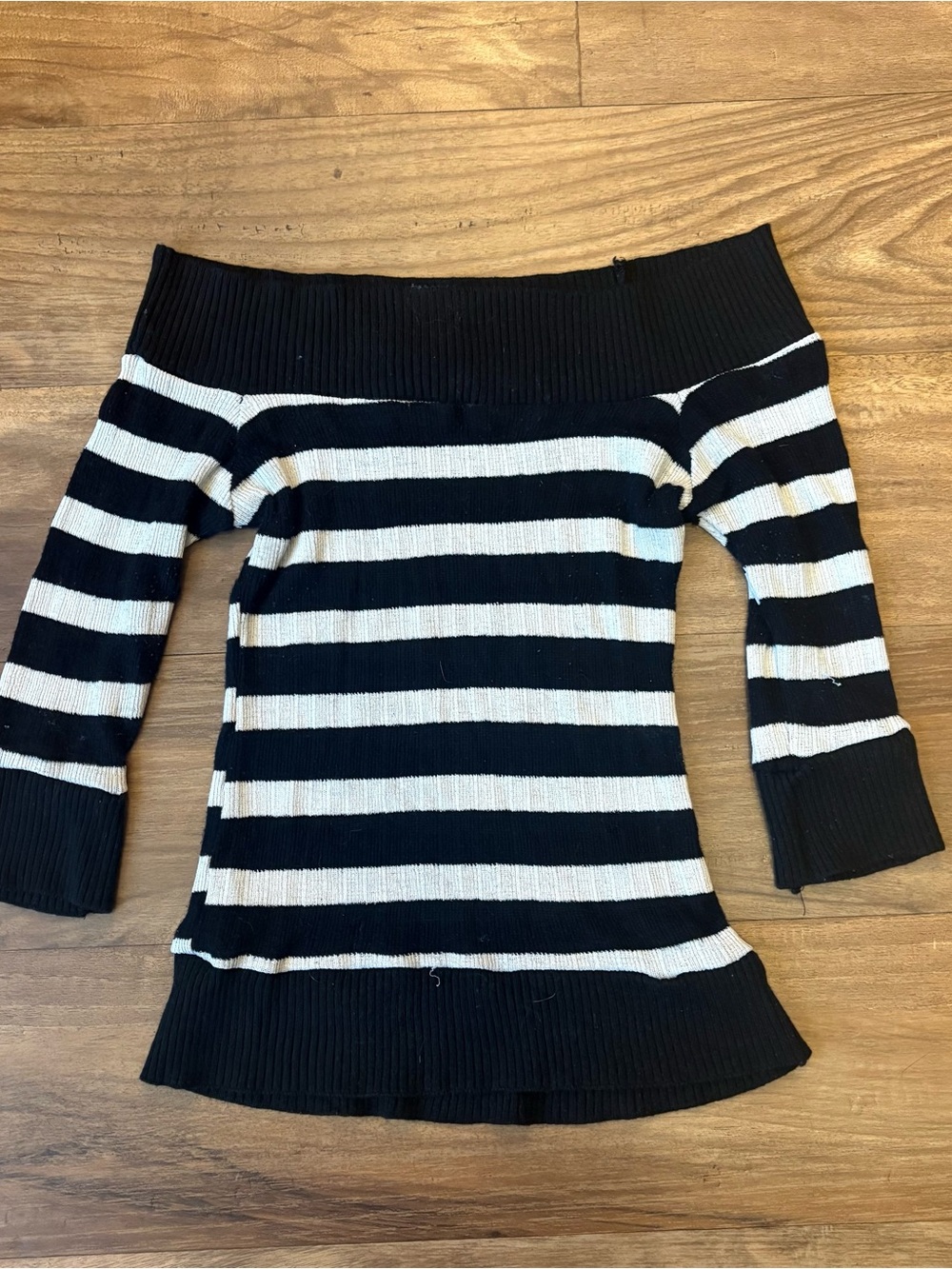 90s Off-Shoulder Black and White Striped Women’s Sweater